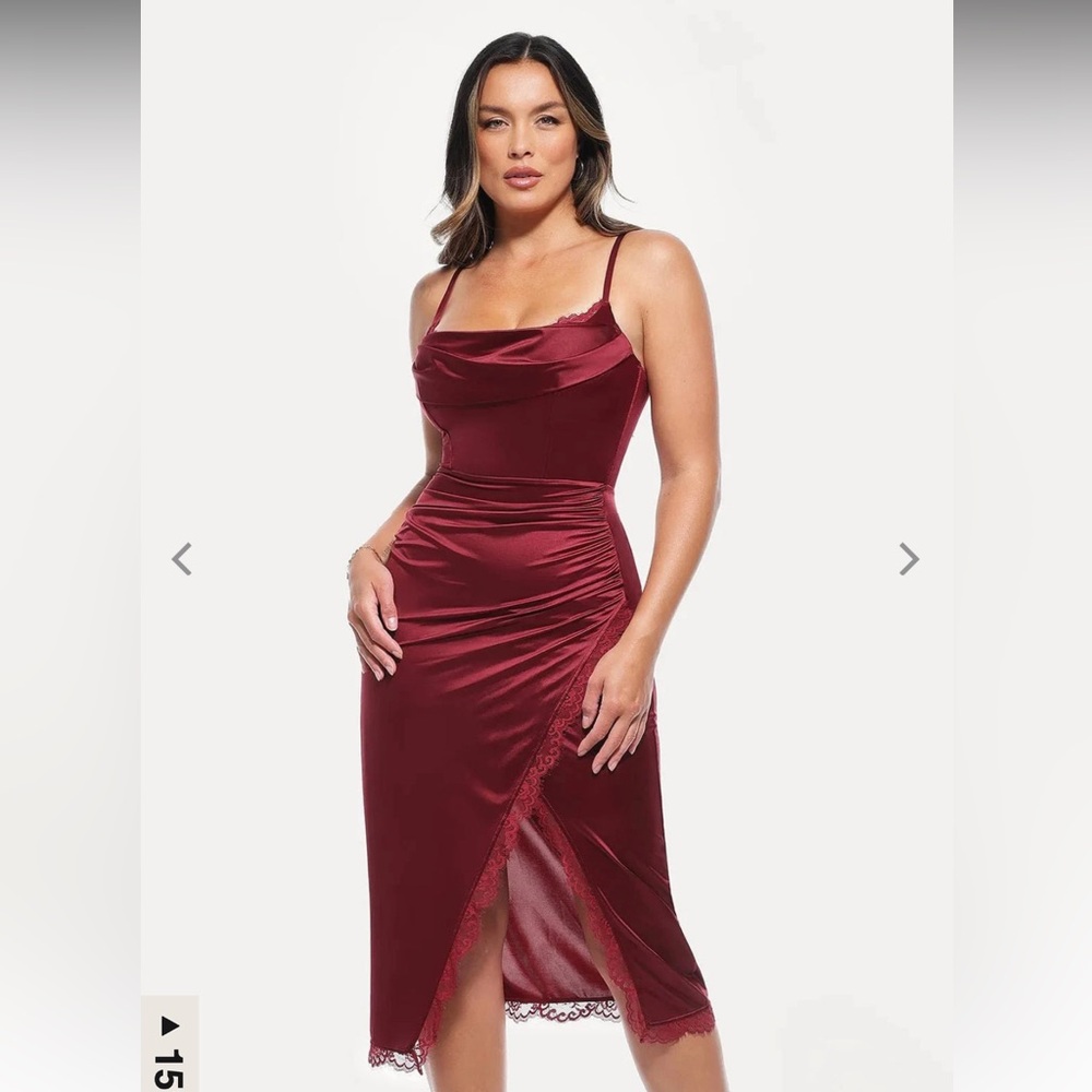 Chic Wine Satin Midi Dress with shapewear